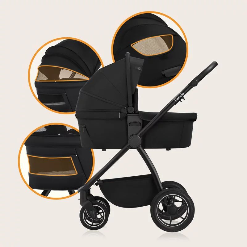 Carucior 3 in 1, Lionelo, Meril, Cu landou de dimensiune XL, Reversibil, Cu scoica auto testata ADAC, Cu accesorii, Pana la 22 kg, Conform cu EN1888-1 EN1888-2, EN1466, Negru - gogobaby.ro