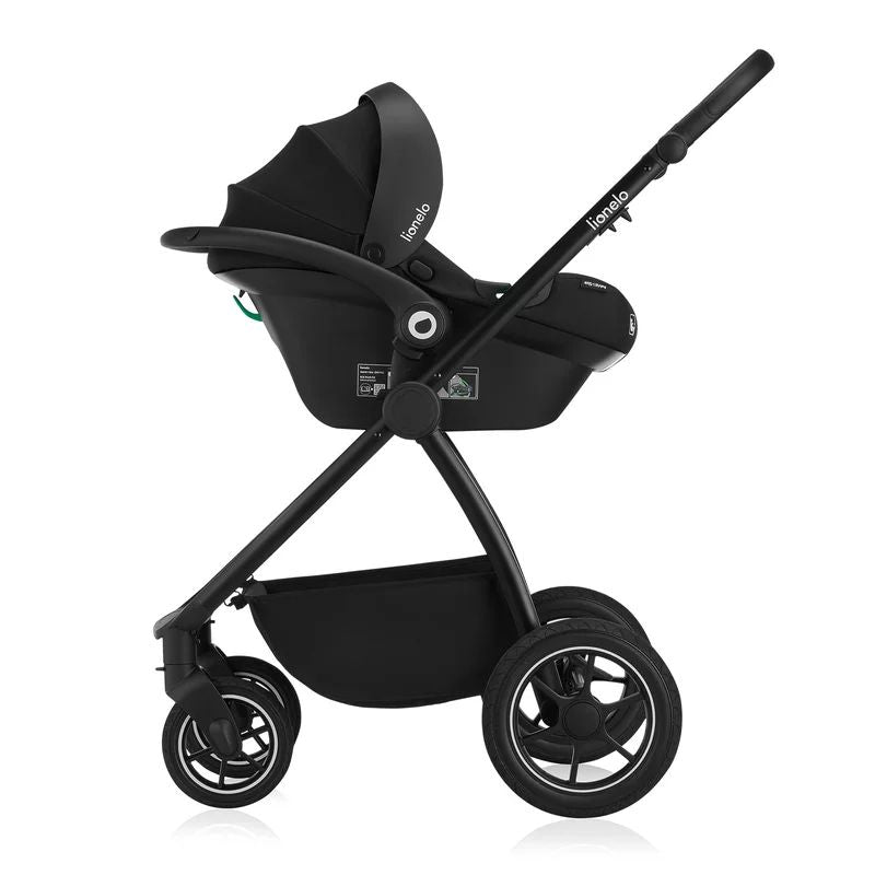 Carucior 3 in 1, Lionelo, Meril, Cu landou de dimensiune XL, Reversibil, Cu scoica auto testata ADAC, Cu accesorii, Pana la 22 kg, Conform cu EN1888-1 EN1888-2, EN1466, Negru - gogobaby.ro