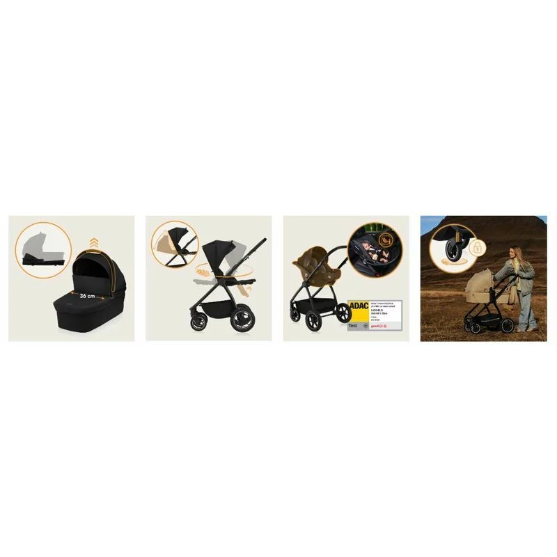 Carucior 3 in 1, Lionelo, Meril, Cu landou de dimensiune XL, Reversibil, Cu scoica auto testata ADAC, Cu accesorii, Pana la 22 kg, Conform cu EN1888-1 EN1888-2, EN1466, Negru - gogobaby.ro