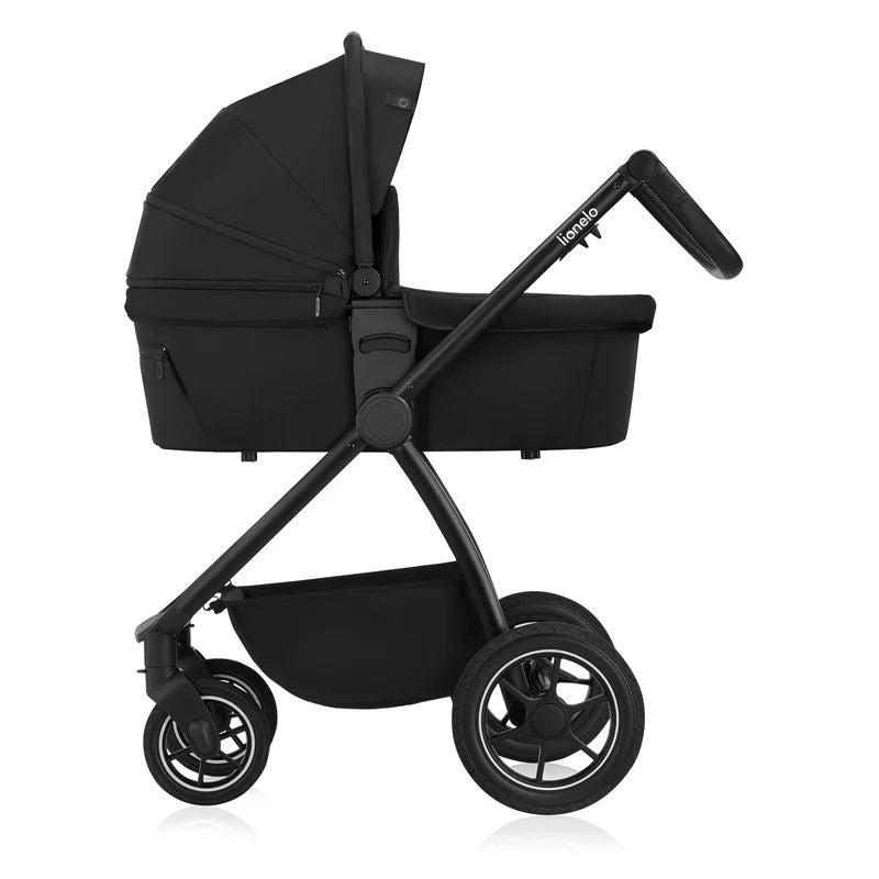 Carucior 3 in 1, Lionelo, Meril, Cu landou de dimensiune XL, Reversibil, Cu scoica auto testata ADAC, Cu accesorii, Pana la 22 kg, Conform cu EN1888-1 EN1888-2, EN1466, Negru - gogobaby.ro