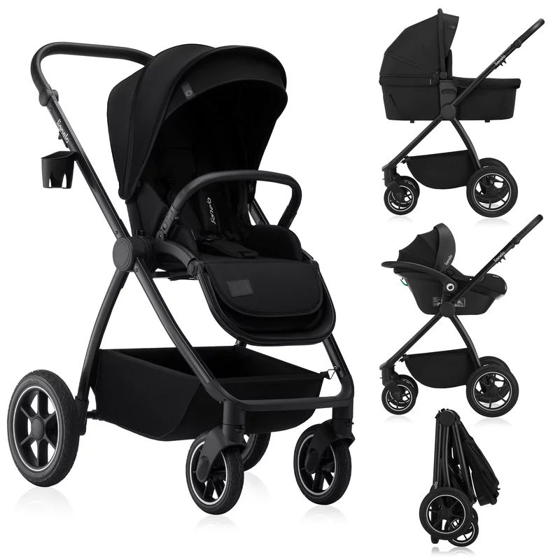 Carucior 3 in 1, Lionelo, Meril, Cu landou de dimensiune XL, Reversibil, Cu scoica auto testata ADAC, Cu accesorii, Pana la 22 kg, Conform cu EN1888-1 EN1888-2, EN1466, Negru - gogobaby.ro