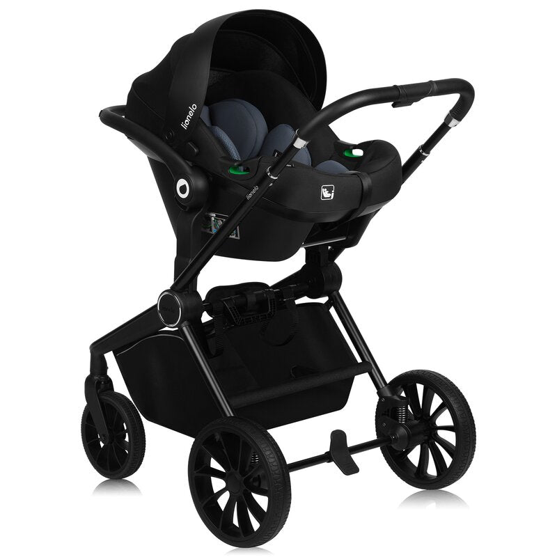 Carucior 3 in 1, Lionelo, Mika Plus, Cadru din aluminiu, Cu landou intarit si salteluta moale, Cu scoica auto testata ADAC, Reversibil, Cu sistem de ventilatie 3D, Cu accesorii, Pana la 22 kg, EN1888-1 EN1888-2 EN1466 ECE R129, Negru