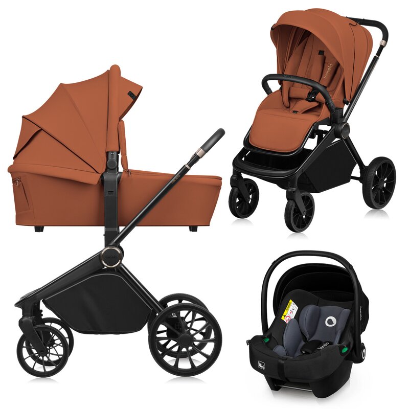 Carucior 3 in 1, Lionelo, Mika Plus, Cadru din aluminiu, Cu landou intarit si salteluta moale, Cu scoica auto testata ADAC, Reversibil, Cu sistem de ventilatie 3D, Cu accesorii, Pana la 22 kg, EN1888-1 EN1888-2 EN1466 ECE R129, Maro
