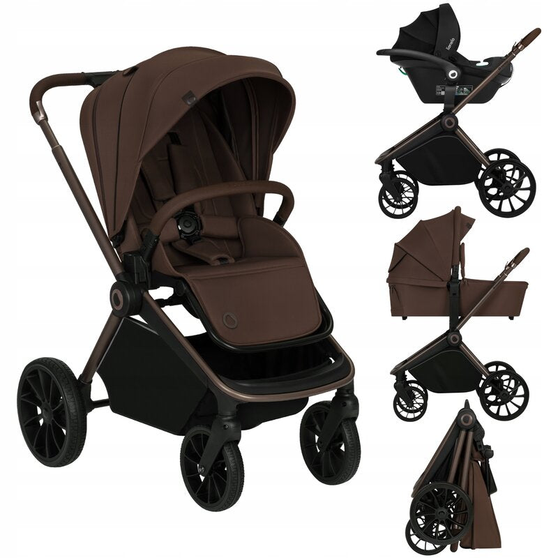 Carucior 3 in 1, Lionelo, Mika Plus, Cadru din aluminiu, Cu landou intarit si salteluta moale, Cu scoica auto testata ADAC, Reversibil, Cu sistem de ventilatie 3D, Cu accesorii, Pana la 22 kg, EN1888-1 EN1888-2 EN1466 ECE R129, Mocha Mousse