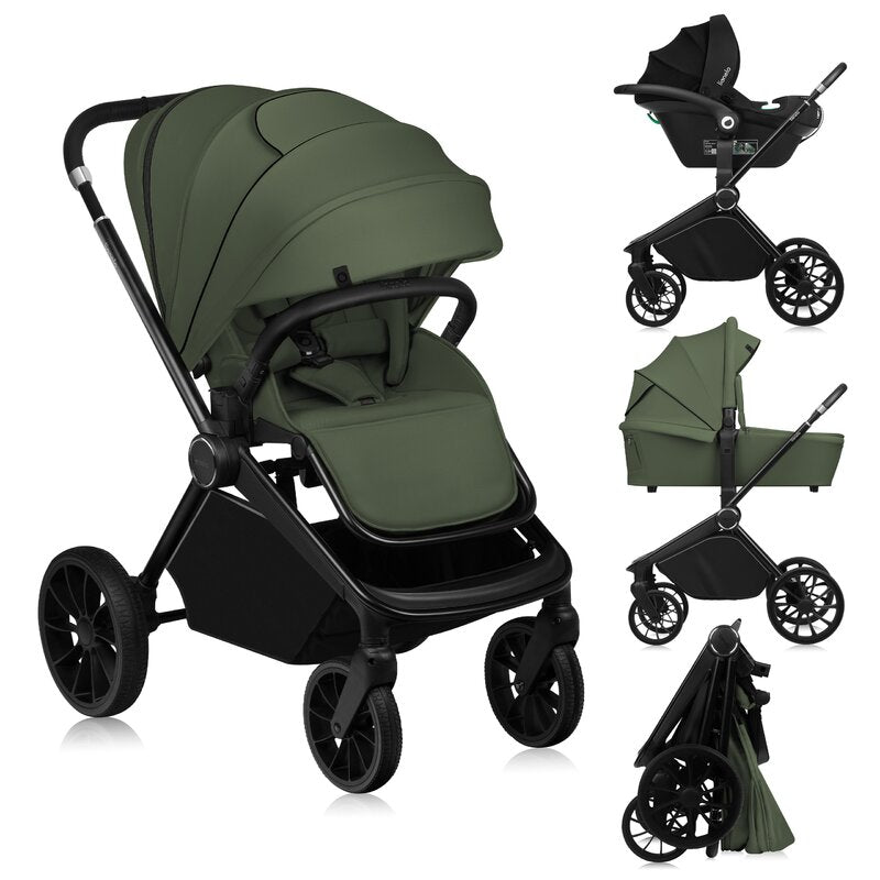 Carucior 3 in 1, Lionelo, Mika Plus, Cadru din aluminiu, Cu landou intarit si salteluta moale, Cu scoica auto testata ADAC, Reversibil, Cu sistem de ventilatie 3D, Cu accesorii, Pana la 22 kg, EN1888-1 EN1888-2 EN1466 ECE R129, Verde