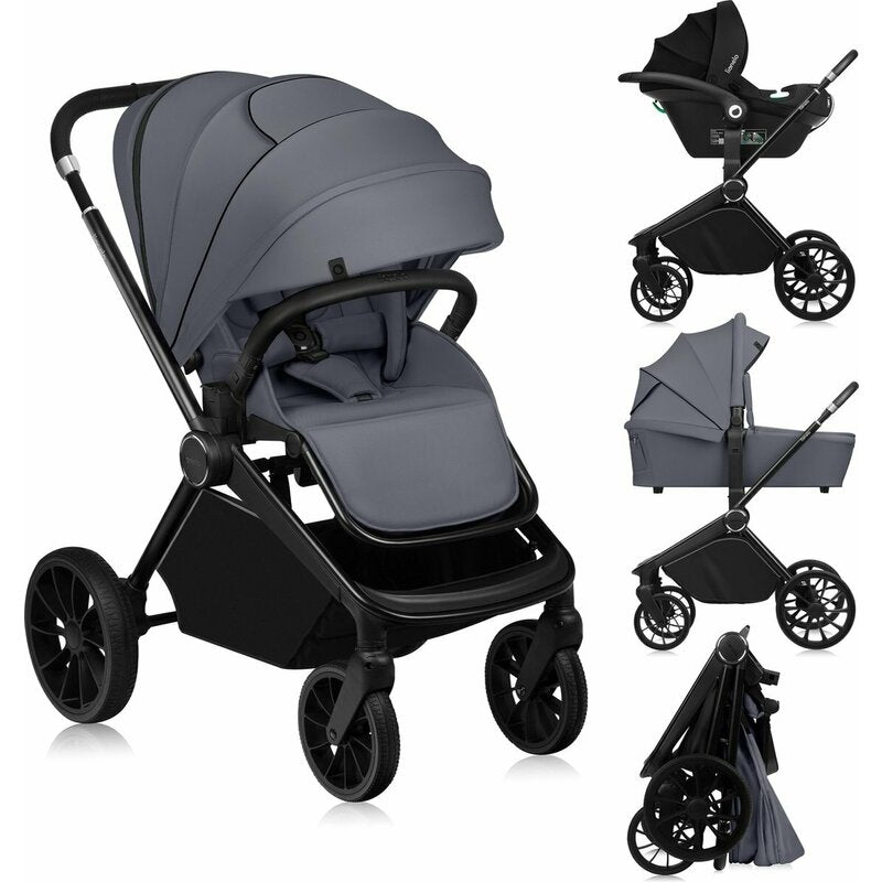Carucior 3 in 1, Lionelo, Mika Plus, Cadru din aluminiu, Cu landou intarit si salteluta moale, Cu scoica auto testata ADAC, Reversibil, Cu sistem de ventilatie 3D, Cu accesorii, Pana la 22 kg, EN1888-1 EN1888-2 EN1466 ECE R129, Gri