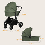 Carucior 3 in 1, Lionelo, Mika Plus, Cadru din aluminiu, Cu landou intarit si salteluta moale, Cu scoica auto testata ADAC, Reversibil, Cu sistem de ventilatie 3D, Cu accesorii, Pana la 22 kg, EN1888-1 EN1888-2 EN1466 ECE R129, Verde