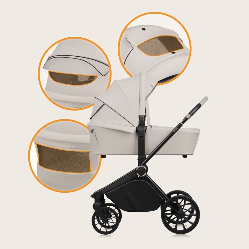 Carucior 3 in 1, Lionelo, Mika Plus, Cadru din aluminiu, Cu landou intarit si salteluta moale, Cu scoica auto testata ADAC, Reversibil, Cu sistem de ventilatie 3D, Cu accesorii, Pana la 22 kg, EN1888-1 EN1888-2 EN1466 ECE R129, Bej