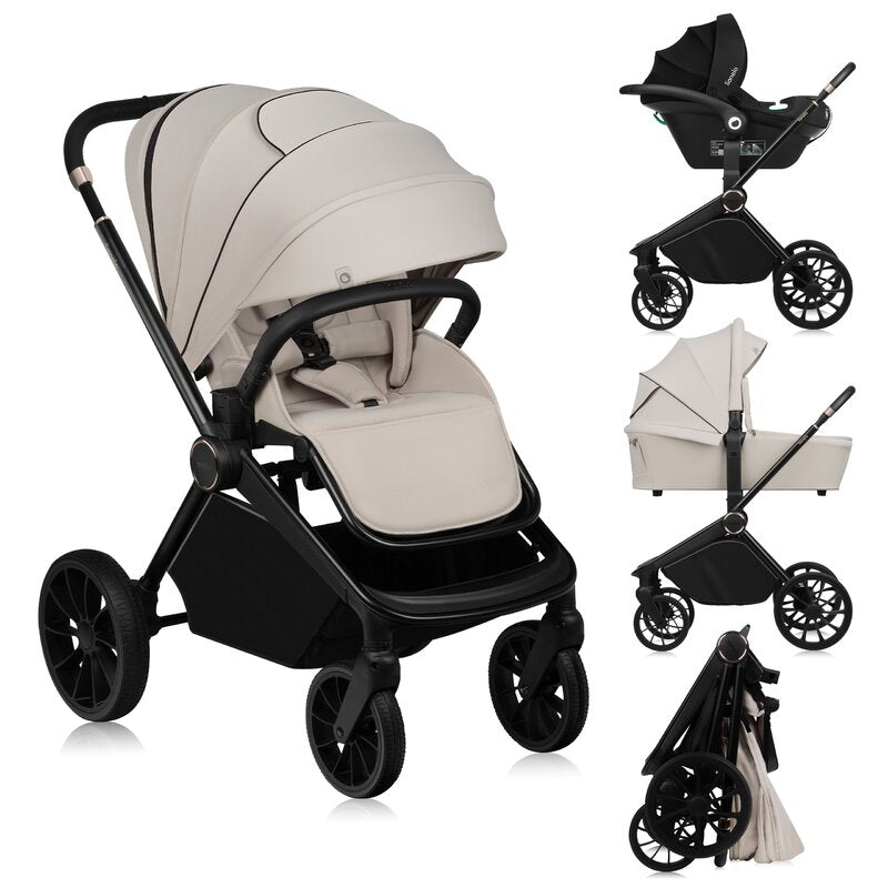 Carucior 3 in 1, Lionelo, Mika Plus, Cadru din aluminiu, Cu landou intarit si salteluta moale, Cu scoica auto testata ADAC, Reversibil, Cu sistem de ventilatie 3D, Cu accesorii, Pana la 22 kg, EN1888-1 EN1888-2 EN1466 ECE R129, Bej