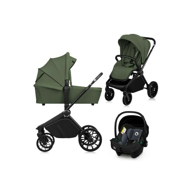 Carucior 3 in 1, Lionelo, Mika Plus, Cadru din aluminiu, Cu landou intarit si salteluta moale, Cu scoica auto testata ADAC, Reversibil, Cu sistem de ventilatie 3D, Cu accesorii, Pana la 22 kg, EN1888-1 EN1888-2 EN1466 ECE R129, Verde - gogobaby.ro