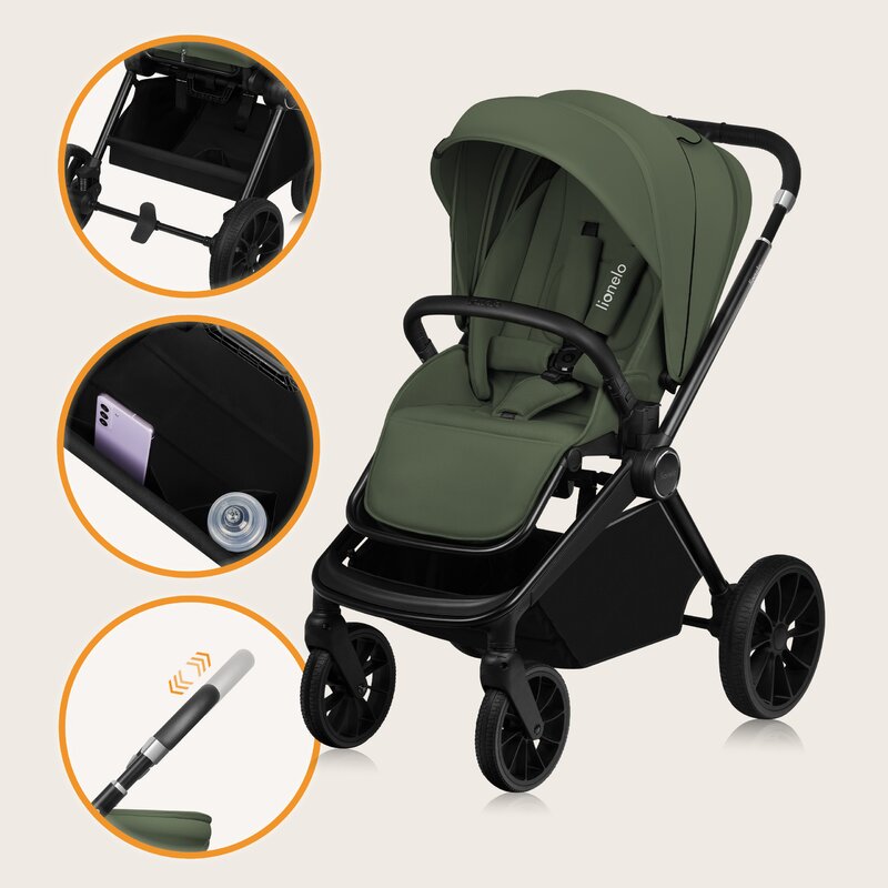 Carucior 3 in 1, Lionelo, Mika Plus, Cadru din aluminiu, Cu landou intarit si salteluta moale, Cu scoica auto testata ADAC, Reversibil, Cu sistem de ventilatie 3D, Cu accesorii, Pana la 22 kg, EN1888-1 EN1888-2 EN1466 ECE R129, Verde