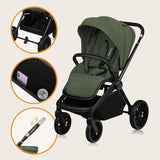 Carucior 3 in 1, Lionelo, Mika Plus, Cadru din aluminiu, Cu landou intarit si salteluta moale, Cu scoica auto testata ADAC, Reversibil, Cu sistem de ventilatie 3D, Cu accesorii, Pana la 22 kg, EN1888-1 EN1888-2 EN1466 ECE R129, Verde