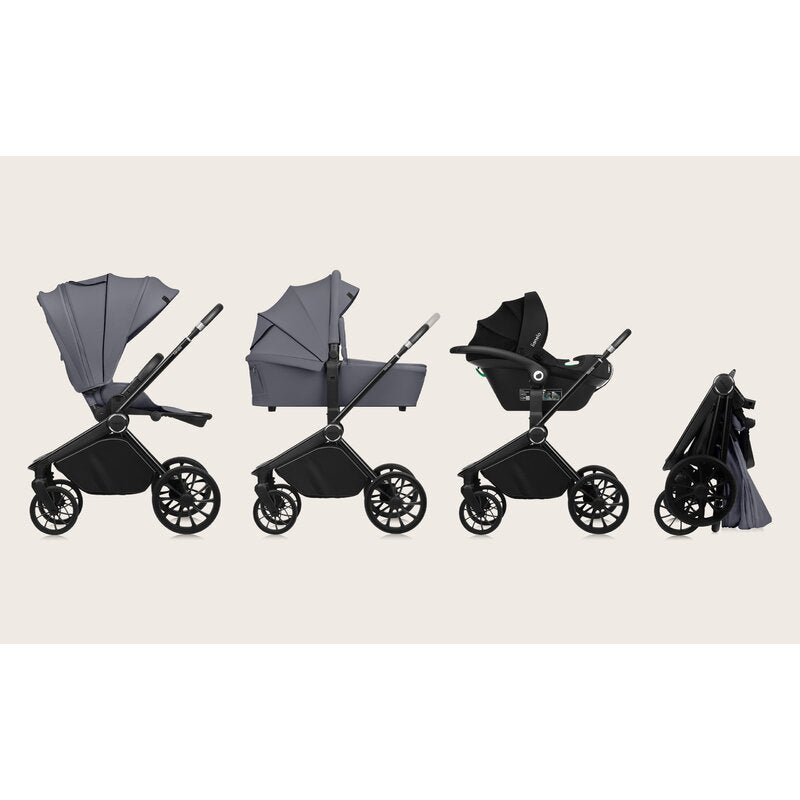 Carucior 3 in 1, Lionelo, Mika Plus, Cadru din aluminiu, Cu landou intarit si salteluta moale, Cu scoica auto testata ADAC, Reversibil, Cu sistem de ventilatie 3D, Cu accesorii, Pana la 22 kg, EN1888-1 EN1888-2 EN1466 ECE R129, Gri