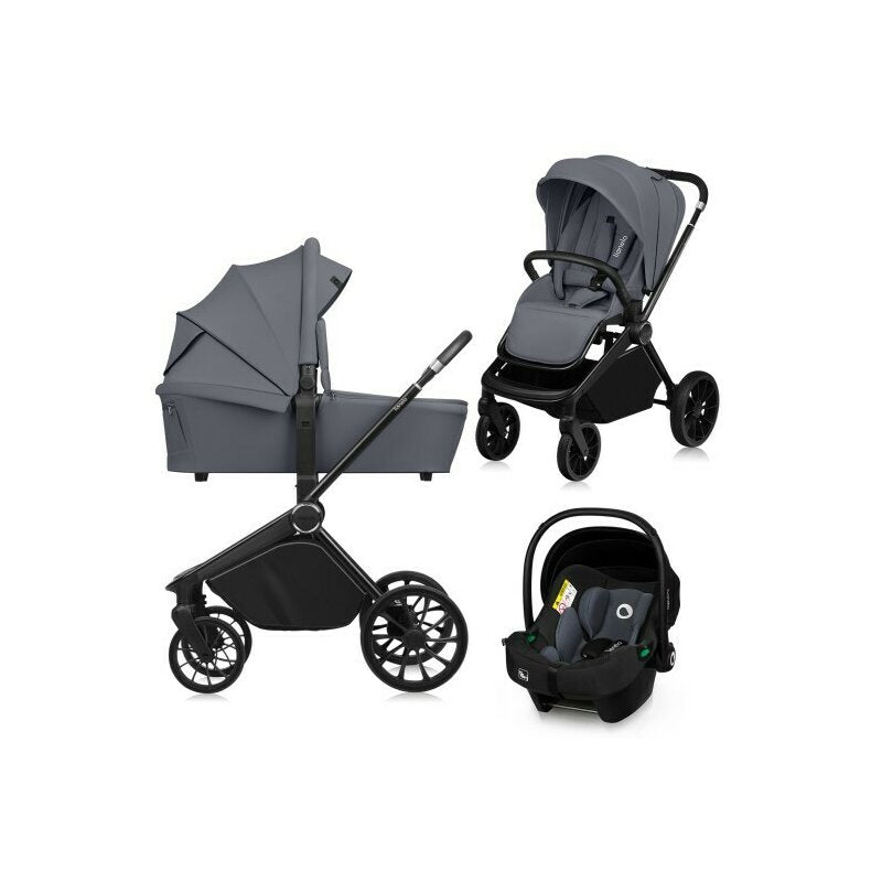 Carucior 3 in 1, Lionelo, Mika Plus, Cadru din aluminiu, Cu landou intarit si salteluta moale, Cu scoica auto testata ADAC, Reversibil, Cu sistem de ventilatie 3D, Cu accesorii, Pana la 22 kg, EN1888-1 EN1888-2 EN1466 ECE R129, Gri - gogobaby.ro