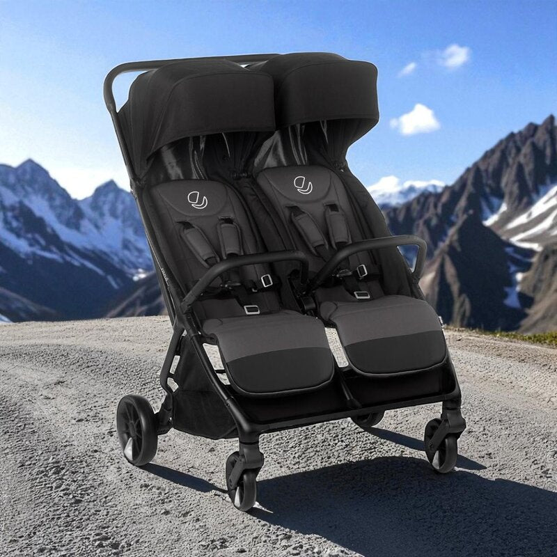Carucior gemeni pliabil Twinside, Jane, Pliere rapida cu o mana, De la nastere pana la 22 Kg, Cu huse pentru ploaie, Spatare independente, Cu suspensii, Conform cu EN 1888-2:2018+A1:2023, Coal - gogobaby.ro