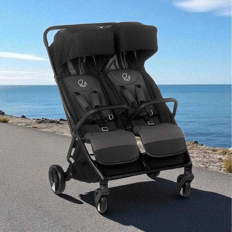 Carucior gemeni pliabil Twinside, Jane, Pliere rapida cu o mana, De la nastere pana la 22 Kg, Cu huse pentru ploaie, Spatare independente, Cu suspensii, Conform cu EN 1888-2:2018+A1:2023, Coal - gogobaby.ro
