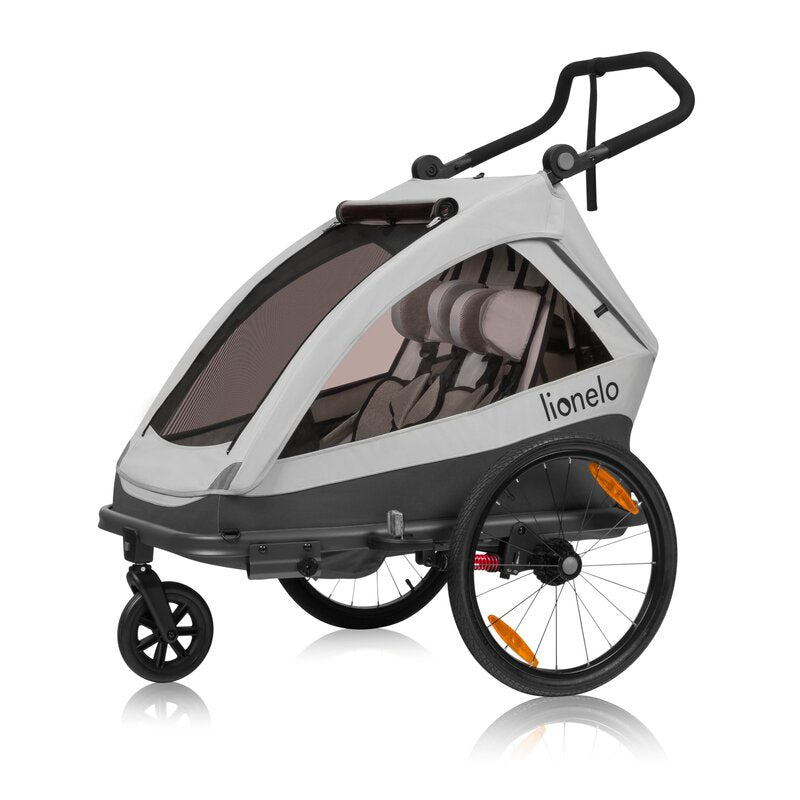 Carucior si remorca de bicicleta, Lionelo, Cama, Multifunctional, Pentru 1 sau 2 copii, Cu sistem de absorbtie a socurilor SIQ, Geamuri cu protectie solara, Gri - gogobaby.ro