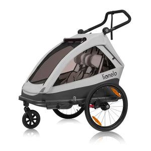 Carucior si remorca de bicicleta, Lionelo, Cama, Multifunctional, Pentru 1 sau 2 copii, Cu sistem de absorbtie a socurilor SIQ, Geamuri cu protectie solara, Gri