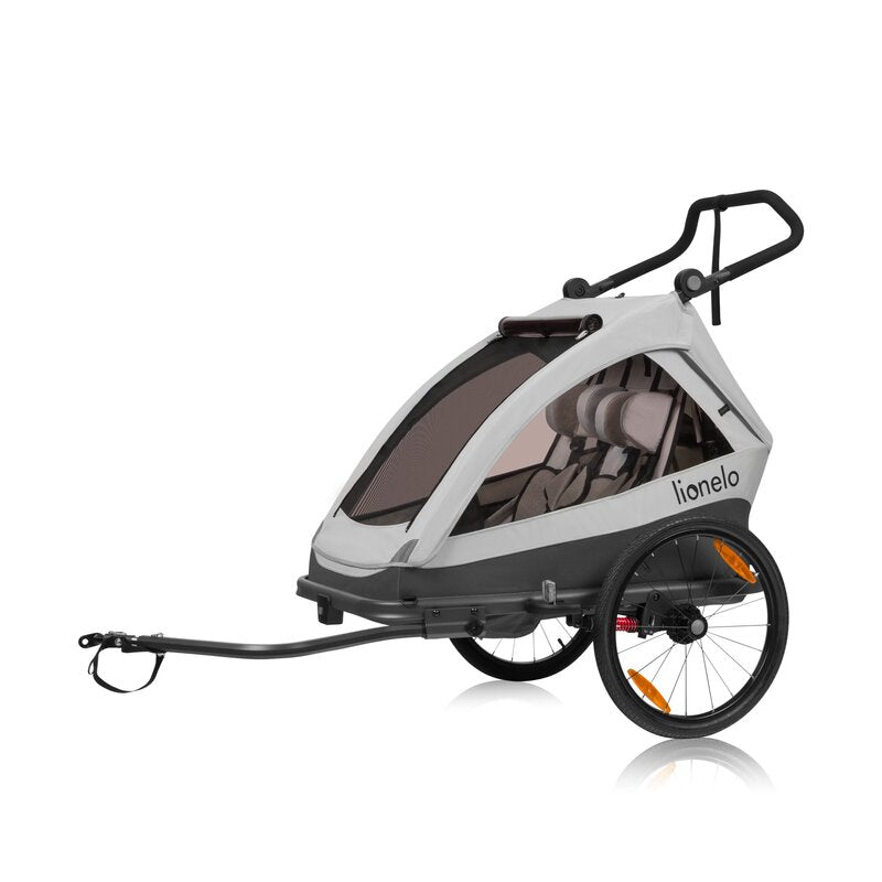 Carucior si remorca de bicicleta, Lionelo, Cama, Multifunctional, Pentru 1 sau 2 copii, Cu sistem de absorbtie a socurilor SIQ, Geamuri cu protectie solara, Gri - gogobaby.ro