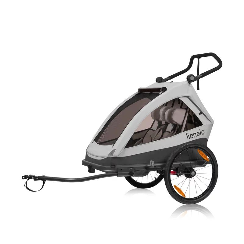 Carucior si remorca de bicicleta, Lionelo, Cama, Multifunctional, Pentru 1 sau 2 copii, Cu sistem de absorbtie a socurilor SIQ, Geamuri cu protectie solara, Gri