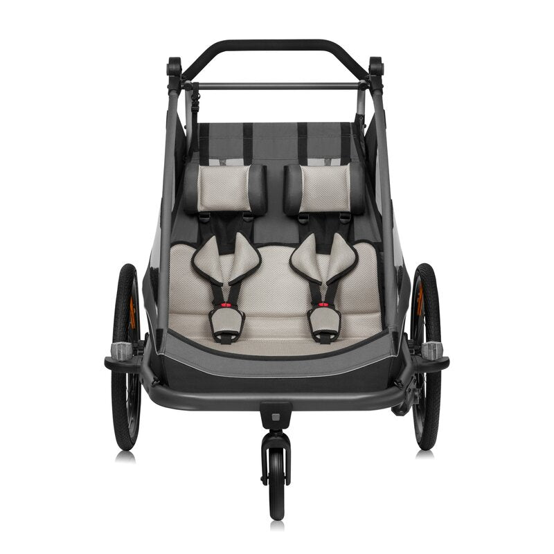 Carucior si remorca de bicicleta, Lionelo, Cama, Multifunctional, Pentru 1 sau 2 copii, Cu sistem de absorbtie a socurilor SIQ, Geamuri cu protectie solara, Gri - gogobaby.ro