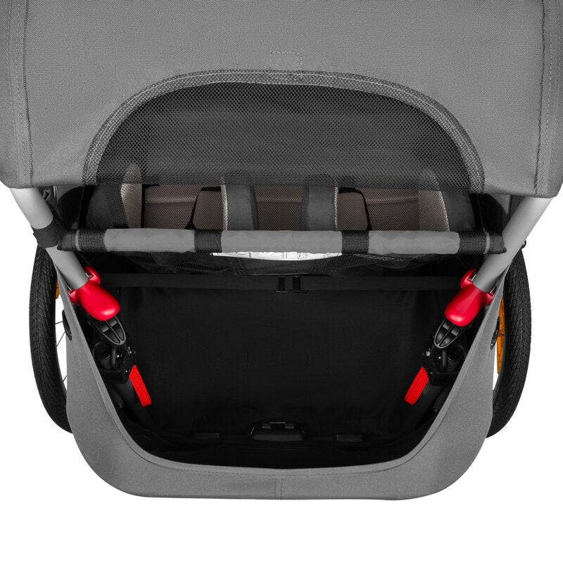 Carucior si remorca de bicicleta, Lionelo, Cama, Multifunctional, Pentru 1 sau 2 copii, Cu sistem de absorbtie a socurilor SIQ, Geamuri cu protectie solara, Gri - gogobaby.ro