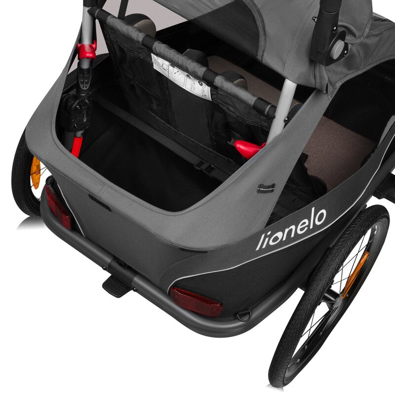Carucior si remorca de bicicleta, Lionelo, Cama, Multifunctional, Pentru 1 sau 2 copii, Cu sistem de absorbtie a socurilor SIQ, Geamuri cu protectie solara, Gri - gogobaby.ro