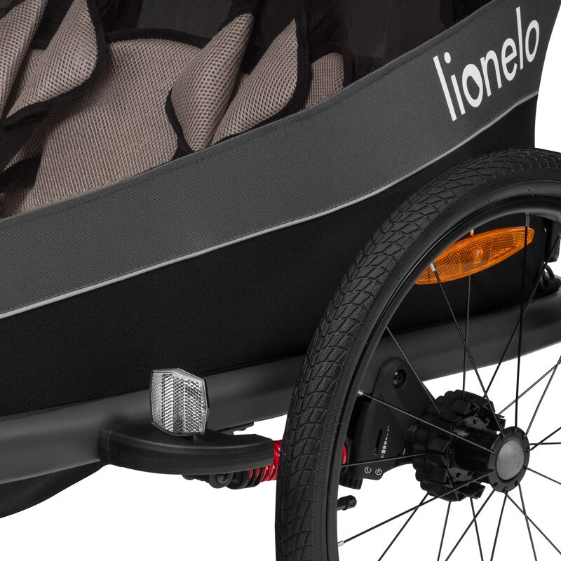 Carucior si remorca de bicicleta, Lionelo, Cama, Multifunctional, Pentru 1 sau 2 copii, Cu sistem de absorbtie a socurilor SIQ, Geamuri cu protectie solara, Gri - gogobaby.ro