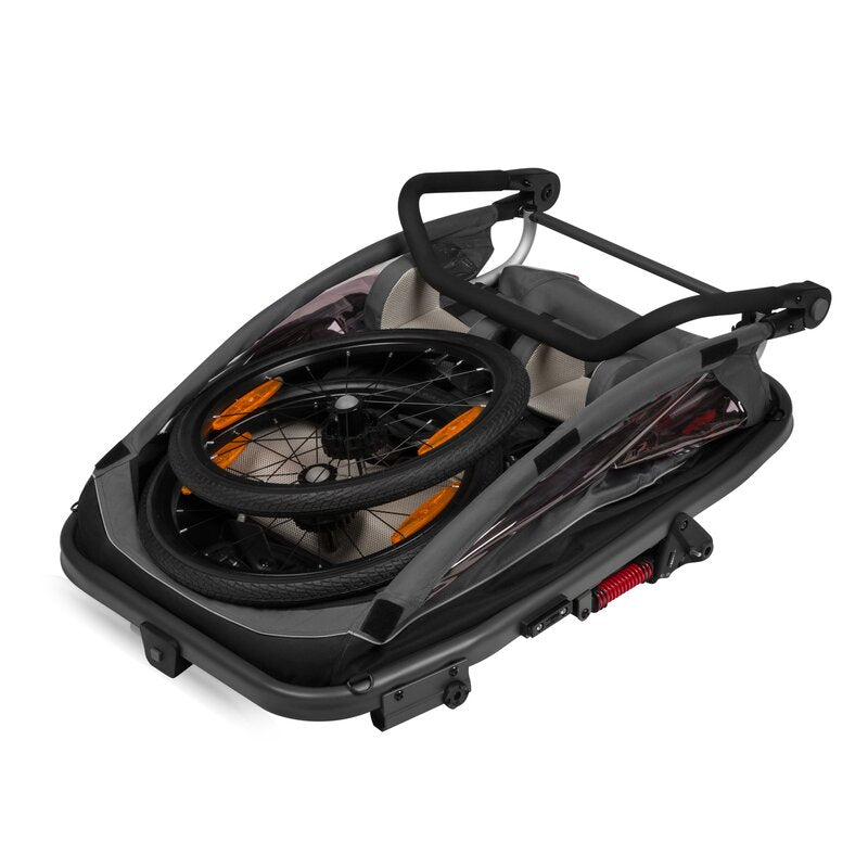 Carucior si remorca de bicicleta, Lionelo, Cama, Multifunctional, Pentru 1 sau 2 copii, Cu sistem de absorbtie a socurilor SIQ, Geamuri cu protectie solara, Gri - gogobaby.ro