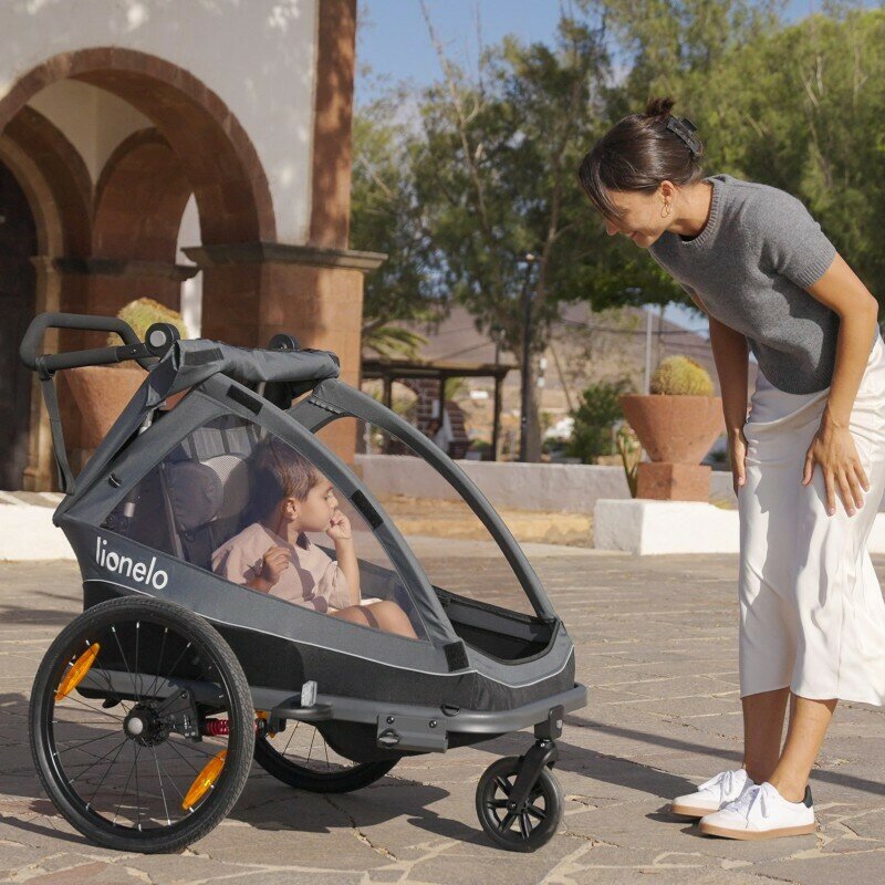 Carucior si remorca de bicicleta, Lionelo, Cama, Multifunctional, Pentru 1 sau 2 copii, Cu sistem de absorbtie a socurilor SIQ, Geamuri cu protectie solara, Gri
