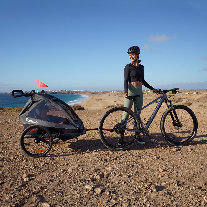 Carucior si remorca de bicicleta, Lionelo, Cama, Multifunctional, Pentru 1 sau 2 copii, Cu sistem de absorbtie a socurilor SIQ, Geamuri cu protectie solara, Gri