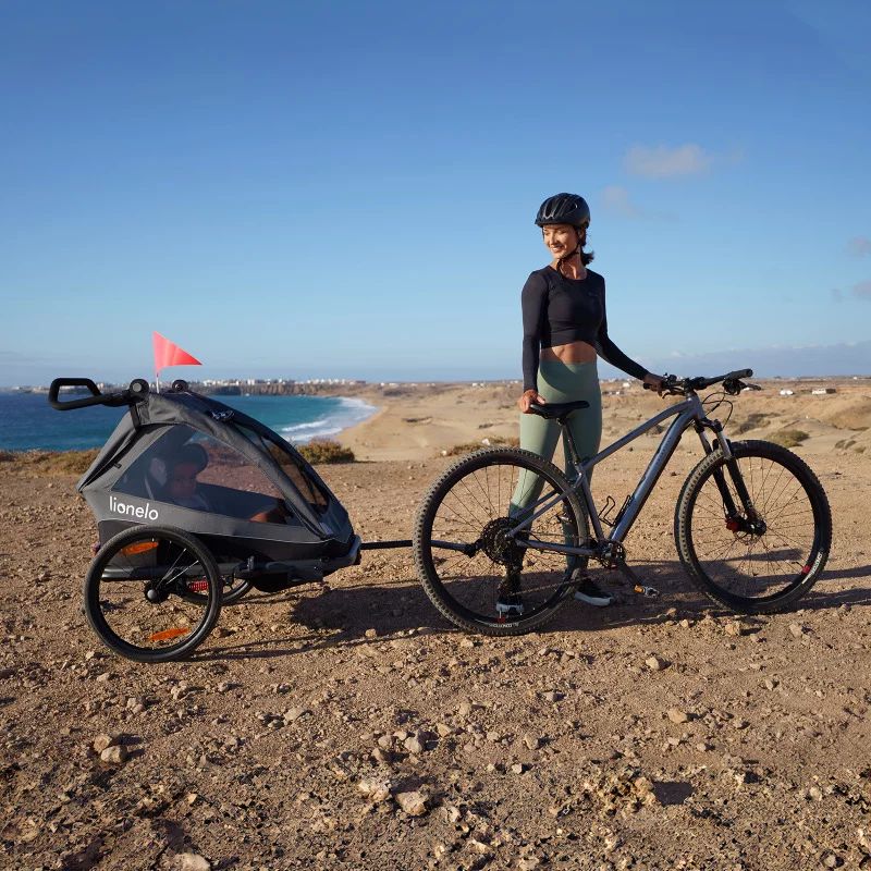 Carucior si remorca de bicicleta, Lionelo, Cama, Multifunctional, Pentru 1 sau 2 copii, Cu sistem de absorbtie a socurilor SIQ, Geamuri cu protectie solara, Gri