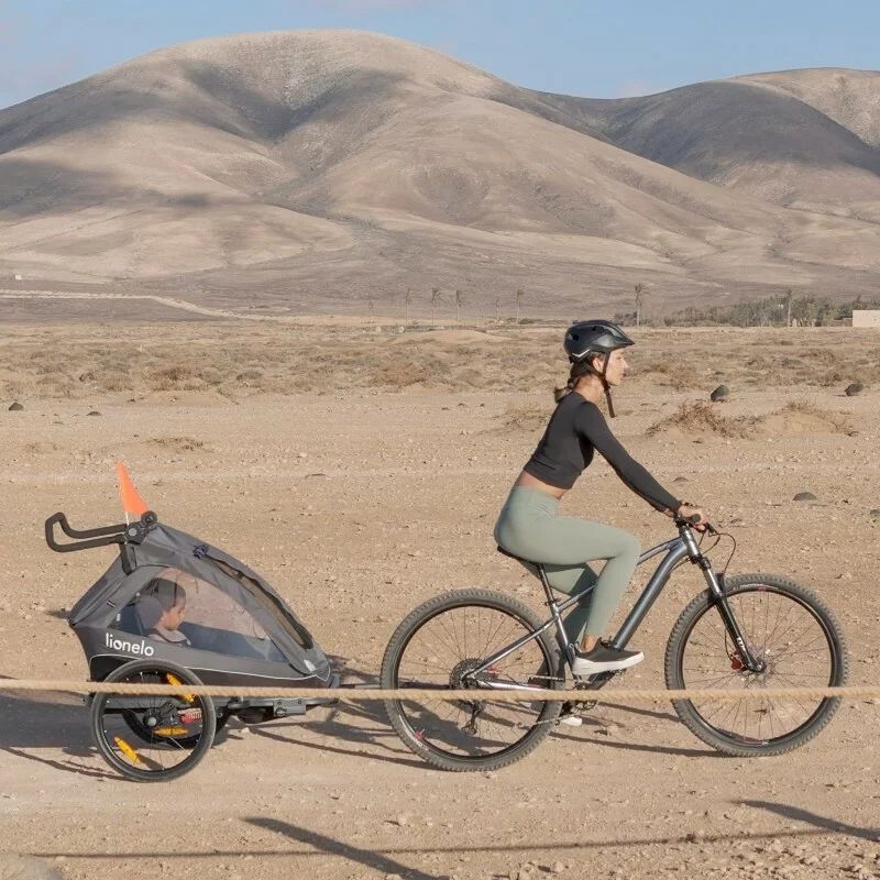 Carucior si remorca de bicicleta, Lionelo, Cama, Multifunctional, Pentru 1 sau 2 copii, Cu sistem de absorbtie a socurilor SIQ, Geamuri cu protectie solara, Gri