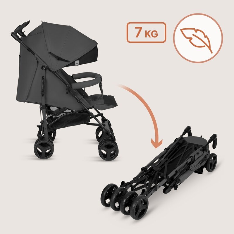 Carucior sport compact, Lionelo, Irma, Spatar ajustabil in 4 pozitii, Suport picioare reglabil, Manere rotative, Pliere tip umbrela, 6- 36 luni, Pana la 15 kg, Conform cu EN1888-1:2018, Gri inchis