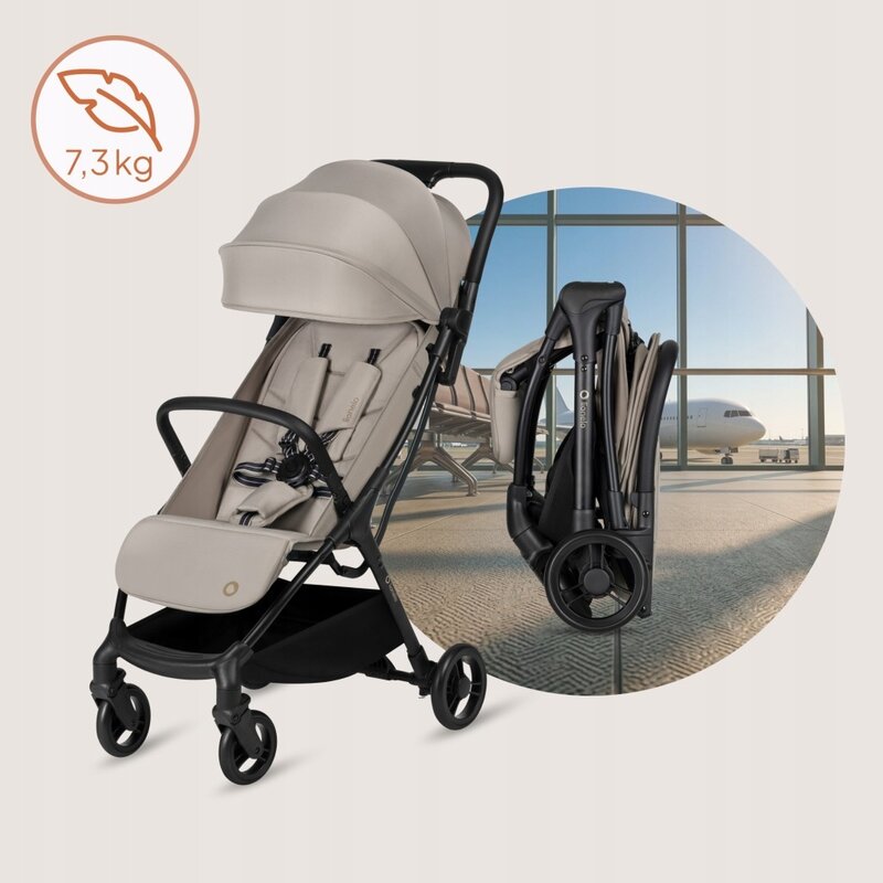 Carucior sport, Lionelo, Agia, 7.3 kg, Ultracompact, Pliere rapida cu o mana, Suport pentru biberon inclus, Sezutul lat si confortabil, 6-48 luni, Sustine 22 kg, Bej