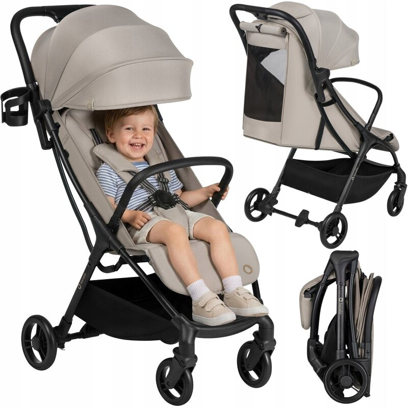 Carucior sport, Lionelo, Agia, 7.3 kg, Ultracompact, Pliere rapida cu o mana, Suport pentru biberon inclus, Sezutul lat si confortabil, 6-48 luni, Sustine 22 kg, Bej