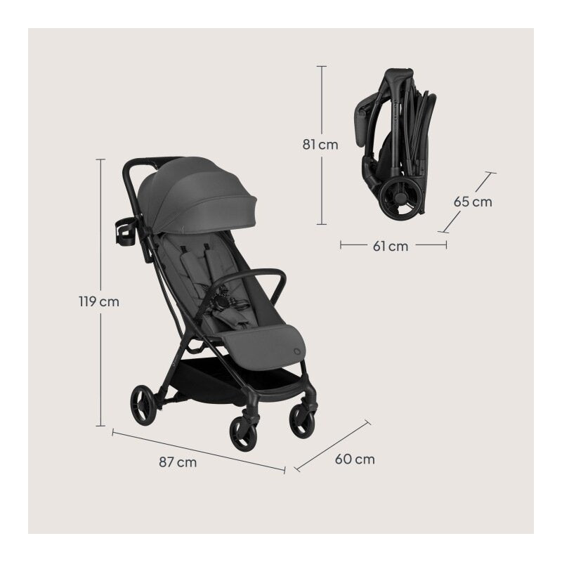 Carucior sport, Lionelo, Agia, 7.3 kg, Ultracompact, Pliere rapida cu o mana, Suport pentru biberon inclus, Sezutul lat si confortabil, 6-48 luni, Sustine 22 kg, Gri