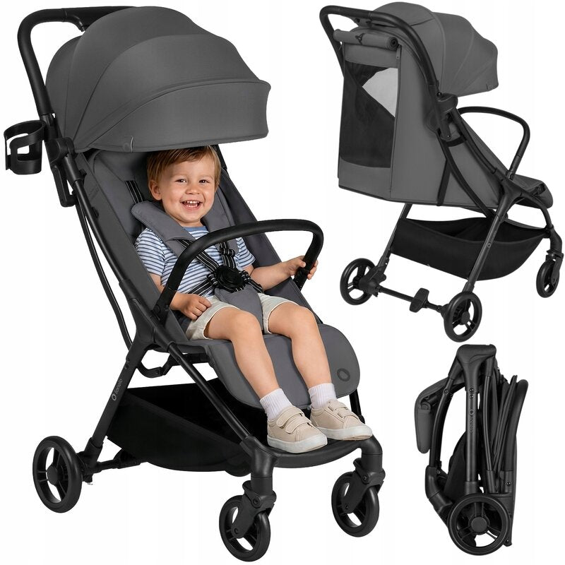 Carucior sport, Lionelo, Agia, 7.3 kg, Ultracompact, Pliere rapida cu o mana, Suport pentru biberon inclus, Sezutul lat si confortabil, 6-48 luni, Sustine 22 kg, Gri