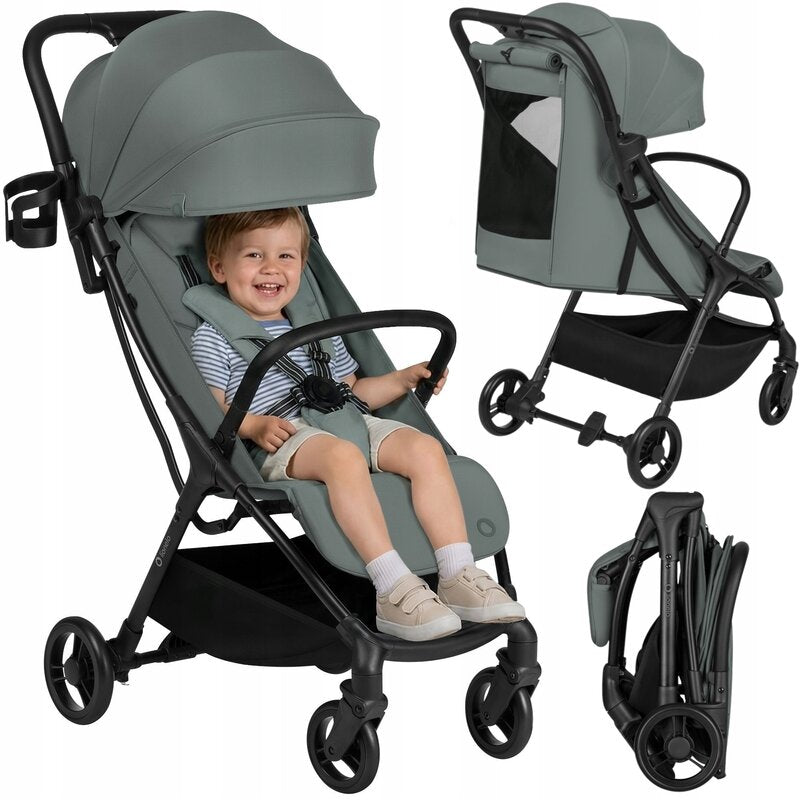 Carucior sport, Lionelo, Agia, 7.3 kg, Ultracompact, Pliere rapida cu o mana, Suport pentru biberon inclus, Sezutul lat si confortabil, 6-48 luni, Sustine 22 kg, Verde