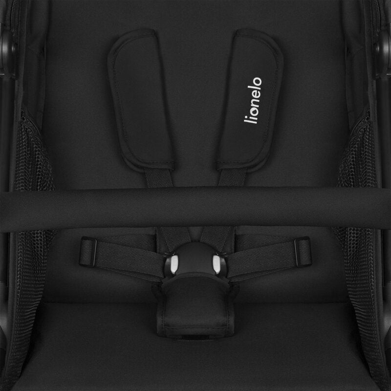Carucior sport, Lionelo, Azura, Cu 3 roti, Cu baldachin XXL impermeabil, Pliere compacta, Pana la 22 kg, 6-48 luni, Conform cu standardele europene de securitate EN1888-1 si EN1888-2, Negru