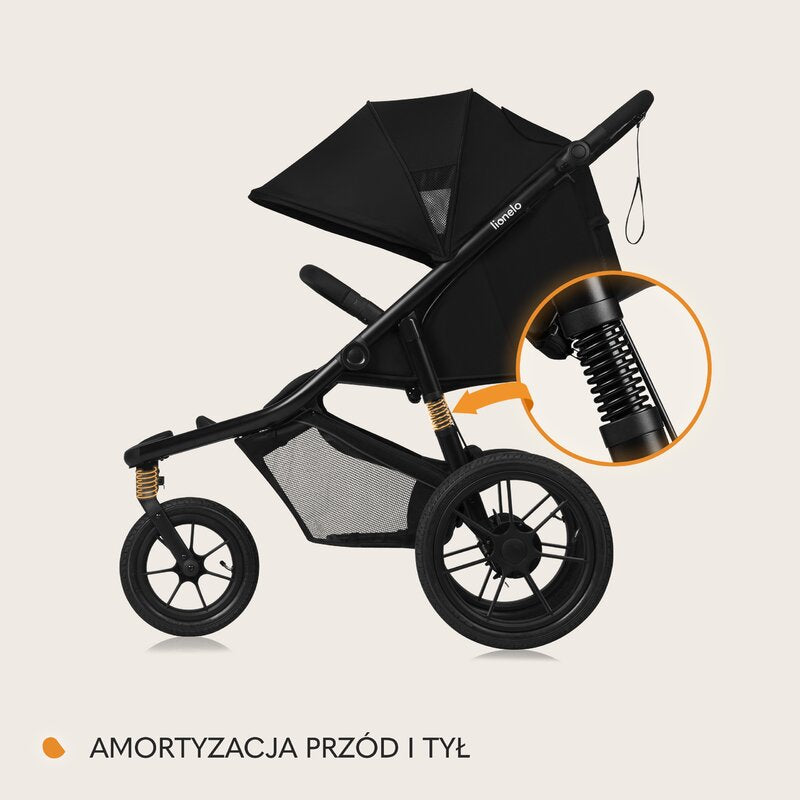 Carucior sport, Lionelo, Azura, Cu 3 roti, Cu baldachin XXL impermeabil, Pliere compacta, Pana la 22 kg, 6-48 luni, Conform cu standardele europene de securitate EN1888-1 si EN1888-2, Negru - gogobaby.ro