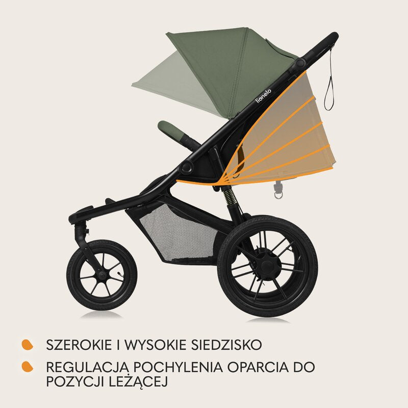Carucior sport, Lionelo, Azura, Cu 3 roti, Cu baldachin XXL impermeabil, Pliere compacta, Pana la 22 kg, 6-48 luni, Conform cu standardele europene de securitate EN1888-1 si EN1888-2, Verde