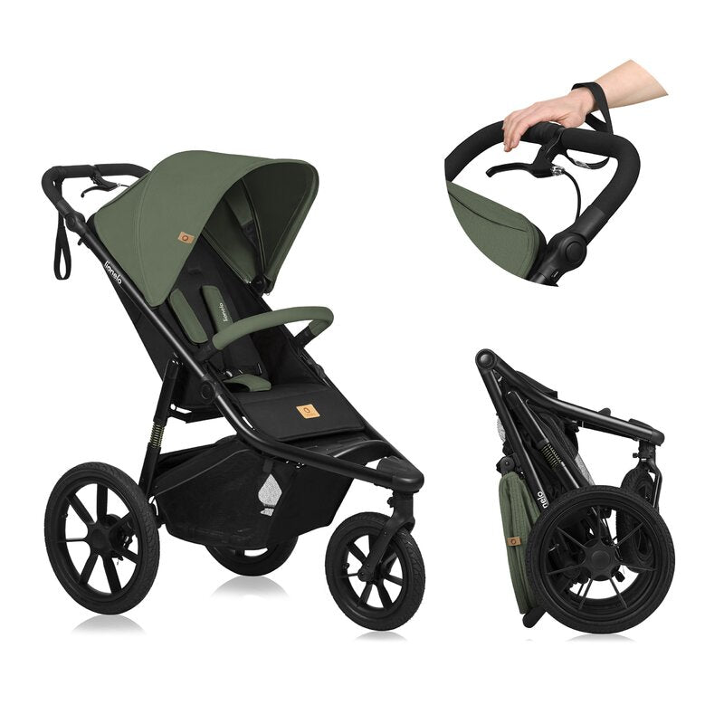 Carucior sport, Lionelo, Azura, Cu 3 roti, Cu baldachin XXL impermeabil, Pliere compacta, Pana la 22 kg, 6-48 luni, Conform cu standardele europene de securitate EN1888-1 si EN1888-2, Verde
