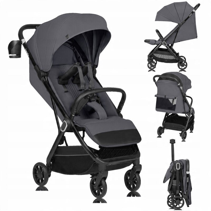 Carucior sport, Lionelo, Bess, Sustine 22 kg, 6 luni+, Capotina impermeabila si protectie SPF 50+, Include suport sticla, Pliere cu o singura mana, Maner pentru transport, Gri