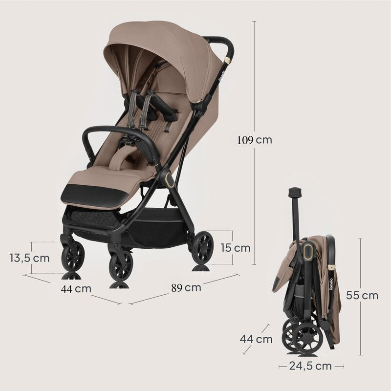 Carucior sport, Lionelo, Bess, Sustine 22 kg, 6 luni+, Capotina impermeabila si protectie SPF 50+, Include suport sticla, Pliere cu o singura mana, Maner pentru transport, Bej