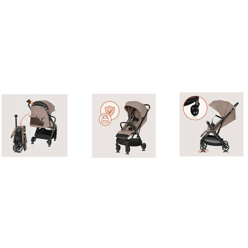 Carucior sport, Lionelo, Bess, Sustine 22 kg, 6 luni+, Capotina impermeabila si protectie SPF 50+, Include suport sticla, Pliere cu o singura mana, Maner pentru transport, Bej