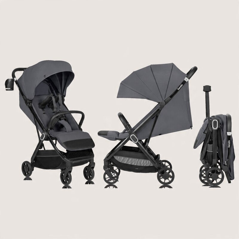 Carucior sport, Lionelo, Bess, Greutate redusa - 7.5 kg, Sustine 22 kg, 6 luni+, Capotina impermeabila, Protectie SPF 50+, Include suport sticla, Pliere cu o singura mana, Compact, Maner pentru transport, Conform cu EN1888-1 si EN1888-2, Gri - gogobaby.ro