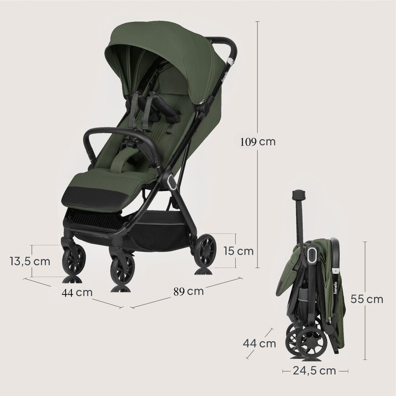 Carucior sport, Lionelo, Bess, Greutate redusa - 7.5 kg, Sustine 22 kg, 6 luni+, Capotina impermeabila, Protectie SPF 50+, Include suport sticla, Pliere cu o singura mana, Compact, Maner pentru transport, Conform cu EN1888-1 si EN1888-2, Verde - gogobaby.ro