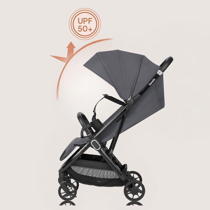 Carucior sport, Lionelo, Bess, Greutate redusa - 7.5 kg, Sustine 22 kg, 6 luni+, Capotina impermeabila, Protectie SPF 50+, Include suport sticla, Pliere cu o singura mana, Compact, Maner pentru transport, Conform cu EN1888-1 si EN1888-2, Gri - gogobaby.ro