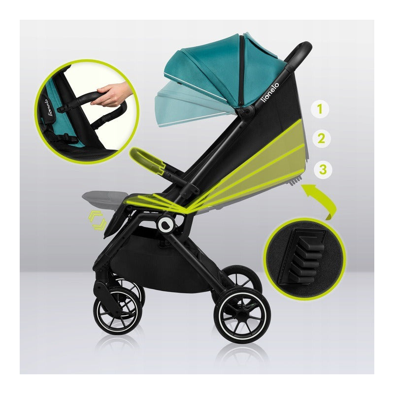 Carucior sport, Lionelo, Cloe, Cu accesorii, Cadru din aluminiu, Pana la 22 kg, Usor, Pliere compacta pentru avion, cu o singura mana, Ideal pentru toate tipurile de suprafete, 6 luni+, Verde Smarald - gogobaby.ro